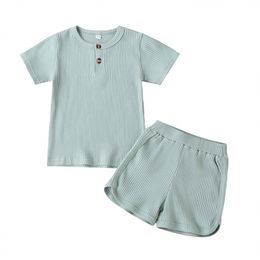 Solid Cotton Kids Pyjamas Sets Unisex Boys Clothing Pyjama Trousers Homewear Girls Tops+Shorts Summer Short Sleeve 211105