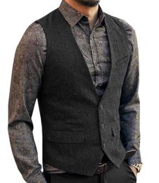 Herrvästar Mens kostym Vest Wool Herringbone Vintage Tweed Casual Formell Business Waistcoat För Bröllop Groomsmen Grön / Svart / Grå