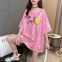 WWENN Short Sleeve Oversized Long T shirt Women Tops Summer Looes Pink Woman Tshirt Shiny Lurex Clothes Wholesale Tees 210507