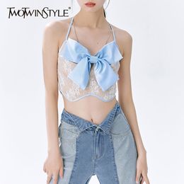 Sexy Hit Color Vest For Women Halter Sleeveless Lace Up Patchwork Bowknot Backless Slim Vests Female Summer Stylish 210524