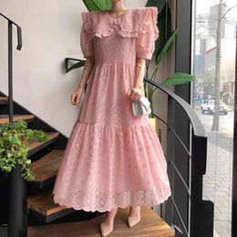 Women Pink Lace Hook Flower Ruffles Long Dress Large Lapel Short Puff Sleeve Fashion Spring Summer 2F0531 210510