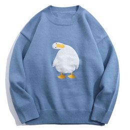 LACIBLE Streetwear Harajuku Cartoon Duck Pattern Knitted Sweaters Loose Jumpers Fashion Casual Winter Sweater Pullover Men Women 211109