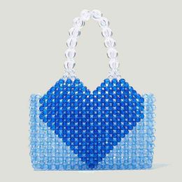Shopping Bags Acrylic Heart Beaded Weave Handbags for Women Hand Made Top-Handle Ladies Summer Beach Bright Crystal Retro Evening 220301