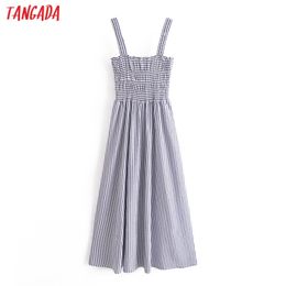 Fashion Women Blue Striped Print Cotton Ling Sleeveless Backless Female Beach Dress QN33 210416