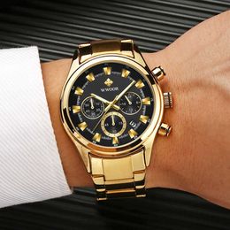 Reloj Hombre WWOOR Multifunction Business Mens Quartz Wristwatches Gold Full Steel Military Sports Date Watch Men With Box 210527