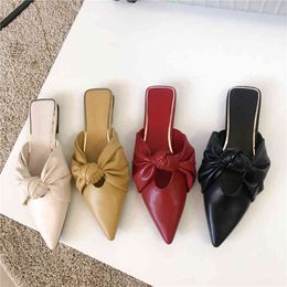 Fashion Women Slippers Pointed Toe Shallow Slides Slip On Mules Shoes Flats Heeled Arrivals Summer Bow Loafers Slides 210513