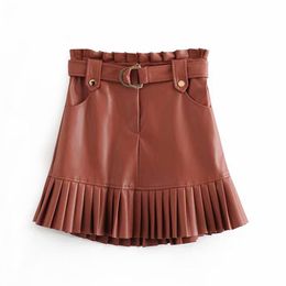 Skirts YIZZHOY Women Chic PU Leather Pleated Skirt Ruffles Tie Belt Waist Pocket Zipper Ladies Elegant Mini