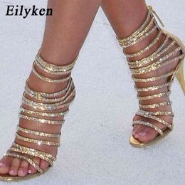 Eilyken Gold Bling Crystal Sexy Sandals High Heels Strappy Gladiator Women Sandal Stiletto Wedding Rhine Stone size 35-42 C0410