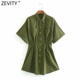 Zevity Women Vintage Turn Down Collar Short Sleeve Amygreen Shirt Dress Femme Chic Elastic Waist Casual Slim Vestido DS8189 210603