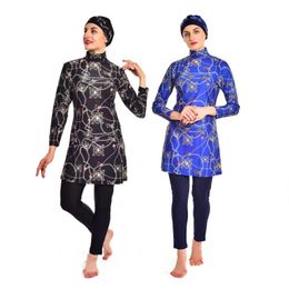 Swim Wear Muslim Swimwear Three-Piece Over-The-Top Print Swimsuit Size Slim Elastic Tight Long-Sleeved Islamic Clothing Women Lady Gril