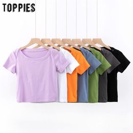 women cropped tops summer short sleeve t-shirts casual cotton tees aesthetic shoulder button design 210421