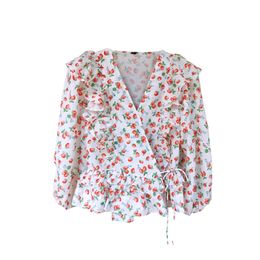 Sweet Strawberry Print Blouse Women Shirts Chic Ruffles Design Lace Up Blusas Mujer Fresh Spring Long Sleeve Ladies Tops 210514