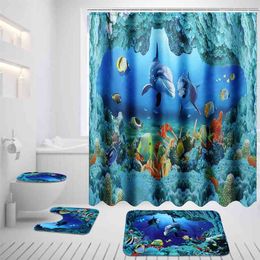 Xueqin Ocean Dolphin Deep Sea Shower Curtain Polyester Waterproof Curtains Bathroom Pedestal Rug Lid Toilet Cover Bath Mat Set 210402