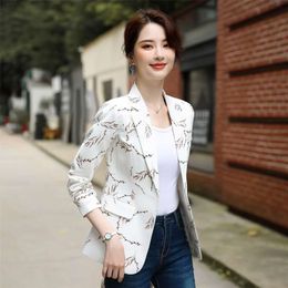 Printed women's autumn Korean style ladies temperament casual waist short slim suit jacket Office Lady 210416