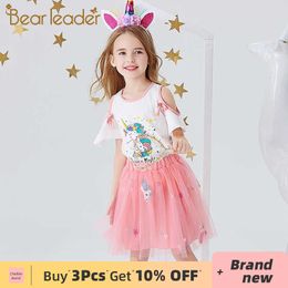 Bear Leader Girls Cartoon Unicorn Dress Summer Cute Kids Casual Dress Embroidery Mesh Vestidos Baby Children Outfits 210708