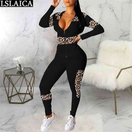 Two Piece Set Autumn Fashion Leopard Print Long Sleeve Hooded Zipper Top Pencil Pants Ropa Deportiva Mujer Club Outfits 210515