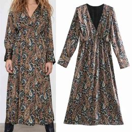 Vintage Printed Satin Dress Women Pleated Long Sleeve Midi es Ladies Elastic Waist Retro Goth Elegant 210519