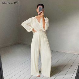 Mnealways18 Beige Pleated Wide Leg Pants Womens Fashion Casual Loose Trousers Office Lady Elegant Long Palazzo 211222
