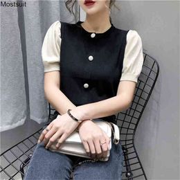 Summer Knitted Tops Women Short Puff Sleeve Colorblock Fashion Kawaii T-shirt Buttons Pullover Tees Shirts Clothes Korean 210513
