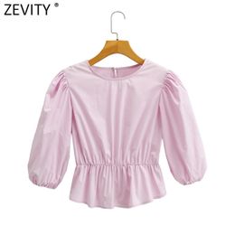 Women Fashion O Neck Pink Colour Elastic Waist Shirt Lady Pleat Lantern Sleeve Chic Roupas Blouse Femininas Crop Tops LS9186 210420