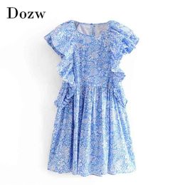 Women Sweet Butterfly Sleeve Mini Dress Summer Floral Print Boho Style Ladies es O Neck Fashion Loose Sukienki Letni 210515