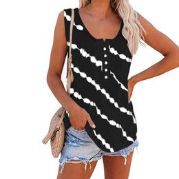 New Top Women Summer Casual SleevelRound Neck Striped Buttons T-Shirt Womens Clothing Fashion Sexy Beach Ladies Vest X0507