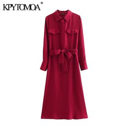 Women Chic Fashion With Belt Button-up Midi Shirt Dress Vintage Long Sleeve Side Slit Female Dresses Mujer 210416