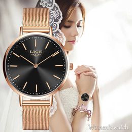 Relogio Feminino LIGE Simple Ultra thin Women Watches Top Brand Luxury Ladies Wristwatch Casual Grid All Steel Quartz Clock 210527