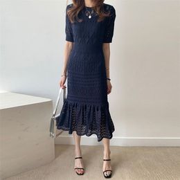 Ruffled hollow ice silk knitted dress, two-piece body bag, hip waist slim skirt 210416