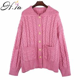 H.SA Women Spring Winter Thick Sweater Cardigans Long Sleeve Turn Down Collar Knitted Jackets Button Up Korean CHic Cardigan Top 210716