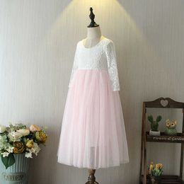 Girls Straight Tulle Princess for Kids Soft Gauze Children Wedding Dress Long Lace Sleeve Party Vestido Clothing 210529