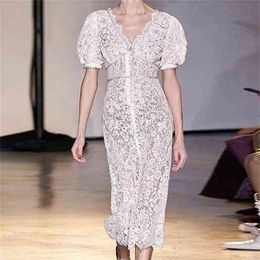 Casual Hollow Out Women Dress V Neck Puff Short Sleeve High Waist Lace Midi Dresses For Female Fashion Clothing 210603