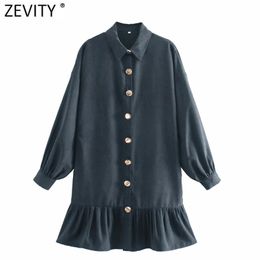 Women Fashion Solid Color Breasted Hem Ruffles shirtdress Female Long Sleeve Vestidos Chic Suede Mini Dresses DS4956 210420