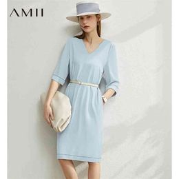 Minimalism Spring Summer Fashion Vneck Solid Women Dress Causal High Waist Half Sleeves Knee-length Female 12030093 210527