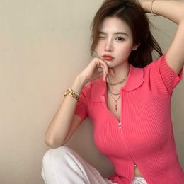 Korean Style Double Zipper Knitted Cardigan Short Hot Girl Lapel Slim Slimming T-shirt Top Women Sexy Tops Y0621