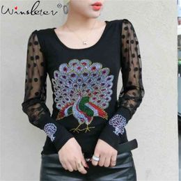 Women T-shirts Casual Peacock Diamonds Tee Tops Spring Female T shirt Long Sleeve Lace Tshirt For Clothes T03014B 210421