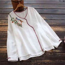 Arrival Spring/autumn Arts Style Women Loose Casual Long Sleeve O-neck T Shirt Cotton Linen Embroidery T-shirt W93 210512