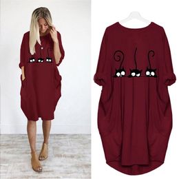 Autumn Loose Women T-shirt Dress Fashion Cute Kitty Print Casual Dresses O Neck Long Sleeve Pocket Midi Dress Femme Big Size 5XL 210507