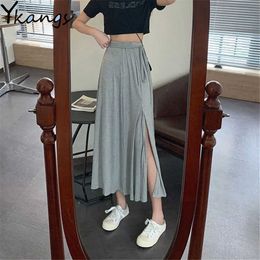 Vintage Cotton High Waist Split Side Black Skirt Women Sexy Long Solid Summer Skirt Pleated Girls High Waist Straight 210619