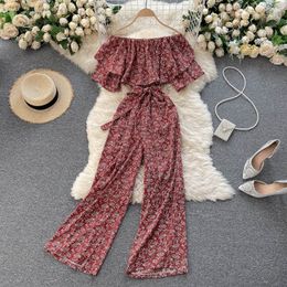 SINGREINY Women French Floral Rompers Sweet Ruffles Slash Neck Off Shoulder Jumpsuits Summer Bohemian Print Beach Long Rompers 210419