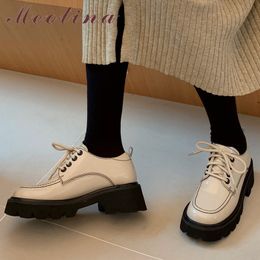 Woman Shoes Split Leather Platform Med Heels Lace Up Chunky Heel Pumps Square Toe Female Footwear Spring Beige 210517