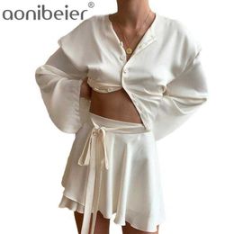 Summer Women Satin Two Piece Set Elegant Long Sleeve Short Top And Skirt Casual White Crop 2 Belt 210604