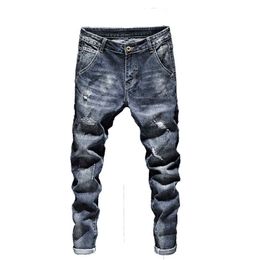 Biker Jeans Men Dark Blue Stretch Slim Fit Ripped Distressed Streetwear Denim Pants Casual Retro Man Trousers Hiphop Jean Homme X0621