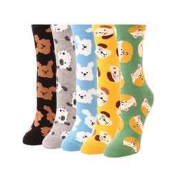 5 Pairs Women Cartoon Socks Solid Color Shiba Inu Beagle Pug Pattern Cotton Sock Women's Ladies Color Puzzle Happy Socks Female 211204
