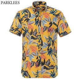 Yellow Mens Hawaiian Shirt Summer Short Sleeve Floral Print Beach Aloha Shirts Mens Holiday Vacation Clothing Chemise Homme 210522