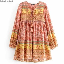 INSPIRED floral long sleeve mini tassel loose women Bohemian summer rayon new dress female vestidos 210412