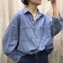 Johnature Women Autumn Denim Shirts Solid Color Loose Blouses Fall Turn-down Collar Vintage Female Tops Korean Style Shirts 210521