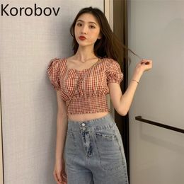 Korobov Korean Chic Plaid Striped Patchwork Short Blouse Women Sexy Hollow Out Lumber Short Sleeve Blusas Pullover Summer Shirt 210430