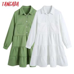 Tangada Women Chic Fashion Solid Ruffled Shirt Dress Long Sleeve Female Short Dresses Vestidos Mujer BE395 210609