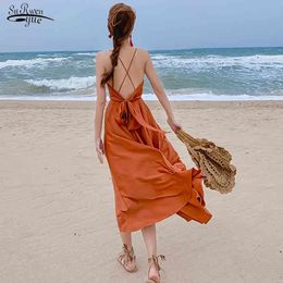 Spaghetti Strap Boho Chiffon Dress Female Beach Holiday Summer Women Vestidos Mujer V-Neck Bandage Sexy Ladies 13236 210521